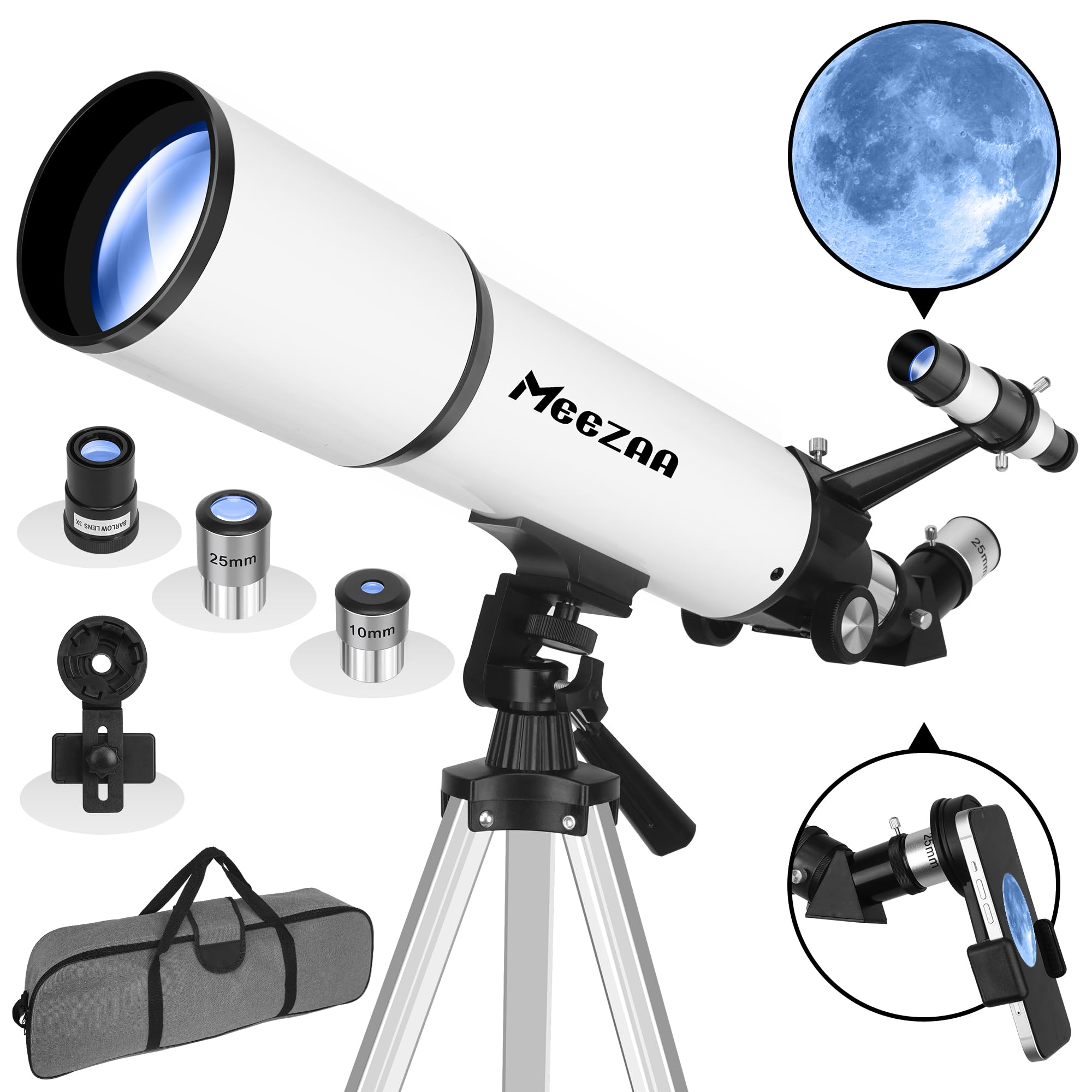 MEEZAA Telescope for Adults Astronomy, 80mm Aperture 600mm Refractor Telescope for Kids & Beginners, Fully Multi-Coated Optics High Transmission Telescopes with Tripod & Phone Adapter & Carrying Bag - Click Image to Close