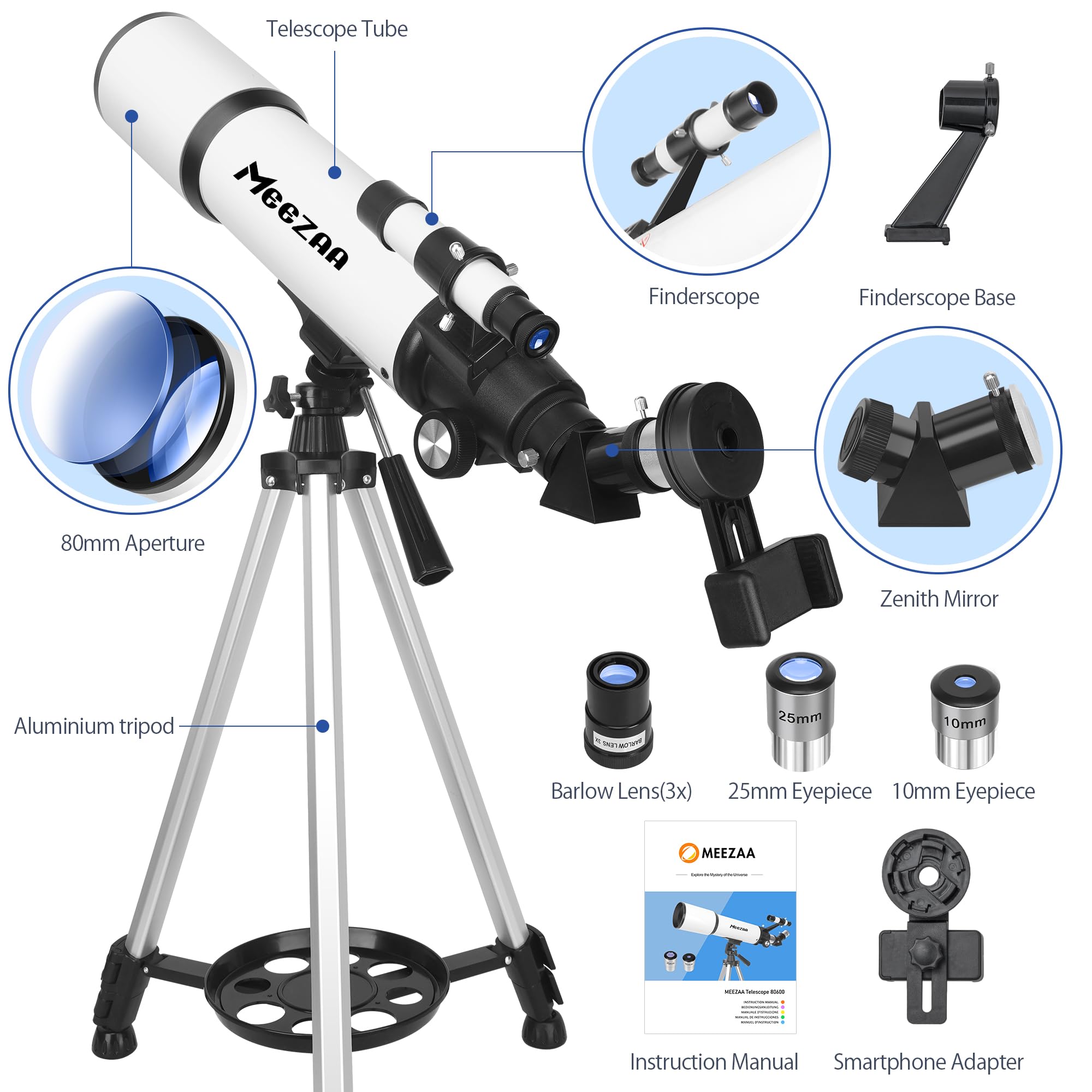 MEEZAA Telescope for Adults Astronomy, 80mm Aperture 600mm Refractor Telescope for Kids & Beginners, Fully Multi-Coated Optics High Transmission Telescopes with Tripod & Phone Adapter & Carrying Bag