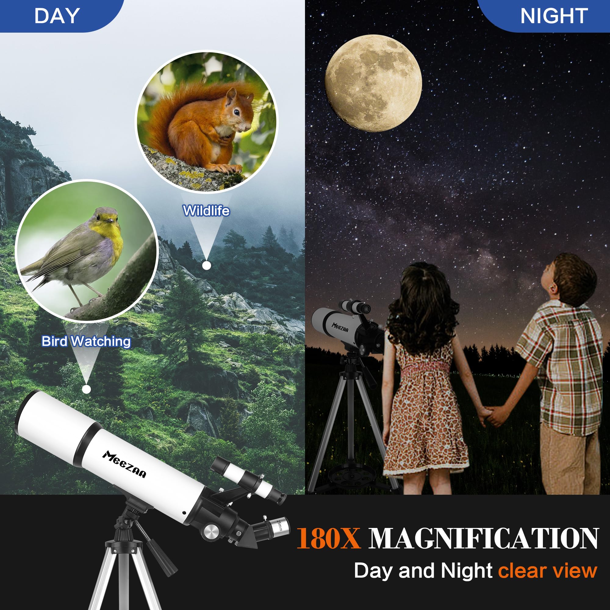 MEEZAA Telescope for Adults Astronomy, 80mm Aperture 600mm Refractor Telescope for Kids & Beginners, Fully Multi-Coated Optics High Transmission Telescopes with Tripod & Phone Adapter & Carrying Bag