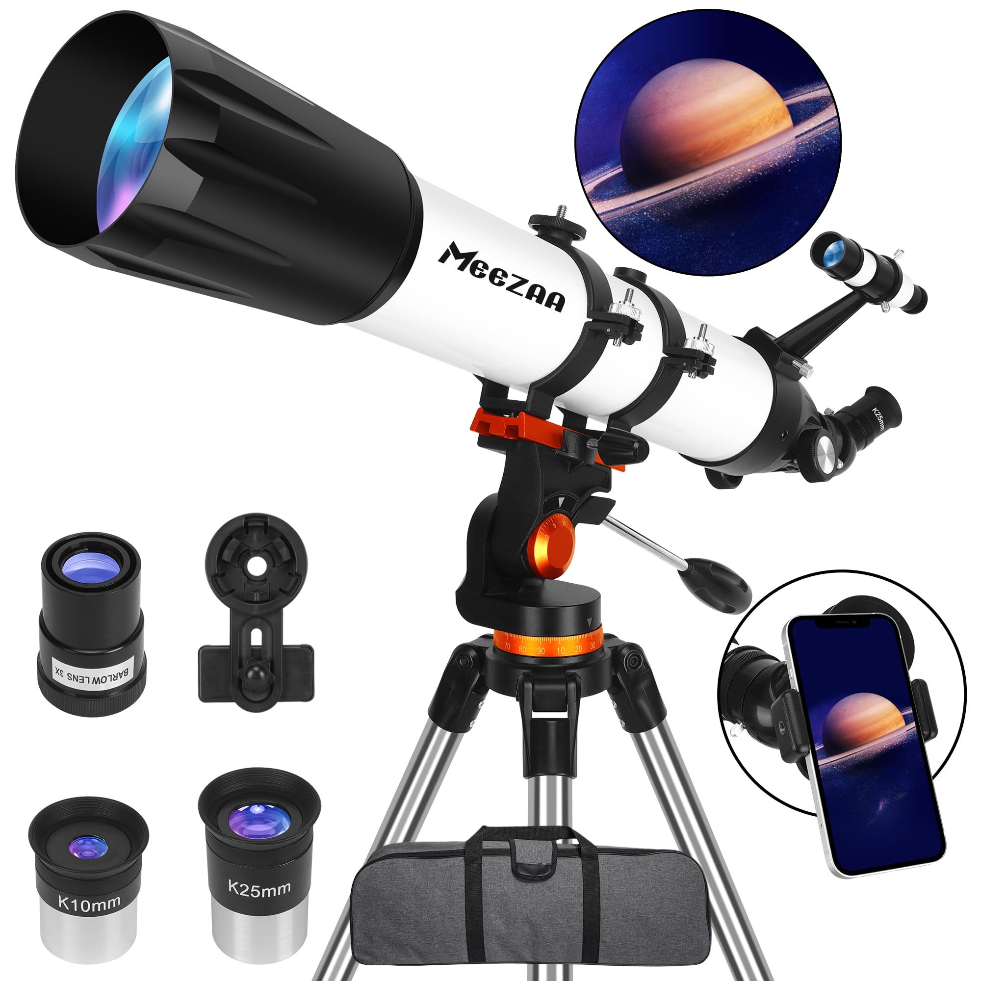 MEEZAA Telescope for Adults Astronomy Professional, 90mm Aperture 800mm Refractor Telescope for Kids Beginners, Multi-Coated High Transmission Telescopes with Tripod Phone Adapter Carry Bag - Click Image to Close