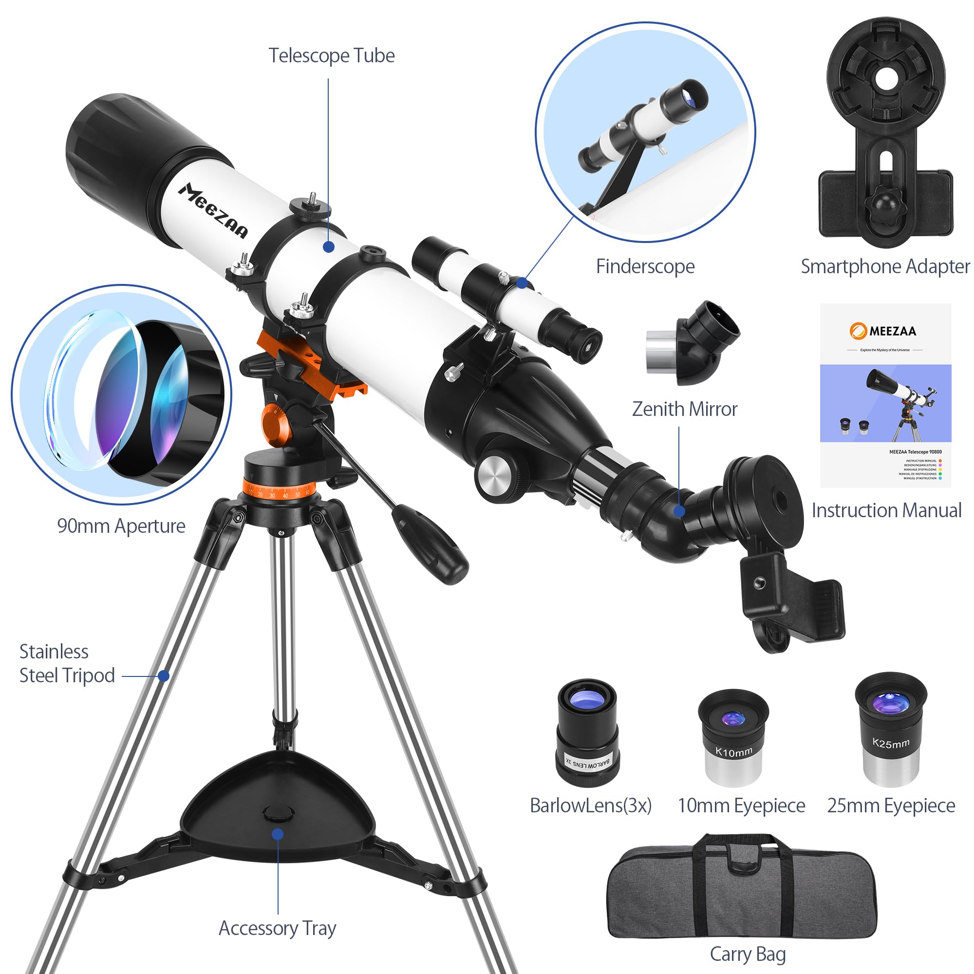 MEEZAA Telescope for Adults Astronomy Professional, 90mm Aperture 800mm Refractor Telescope for Kids Beginners, Multi-Coated High Transmission Telescopes with Tripod Phone Adapter Carry Bag