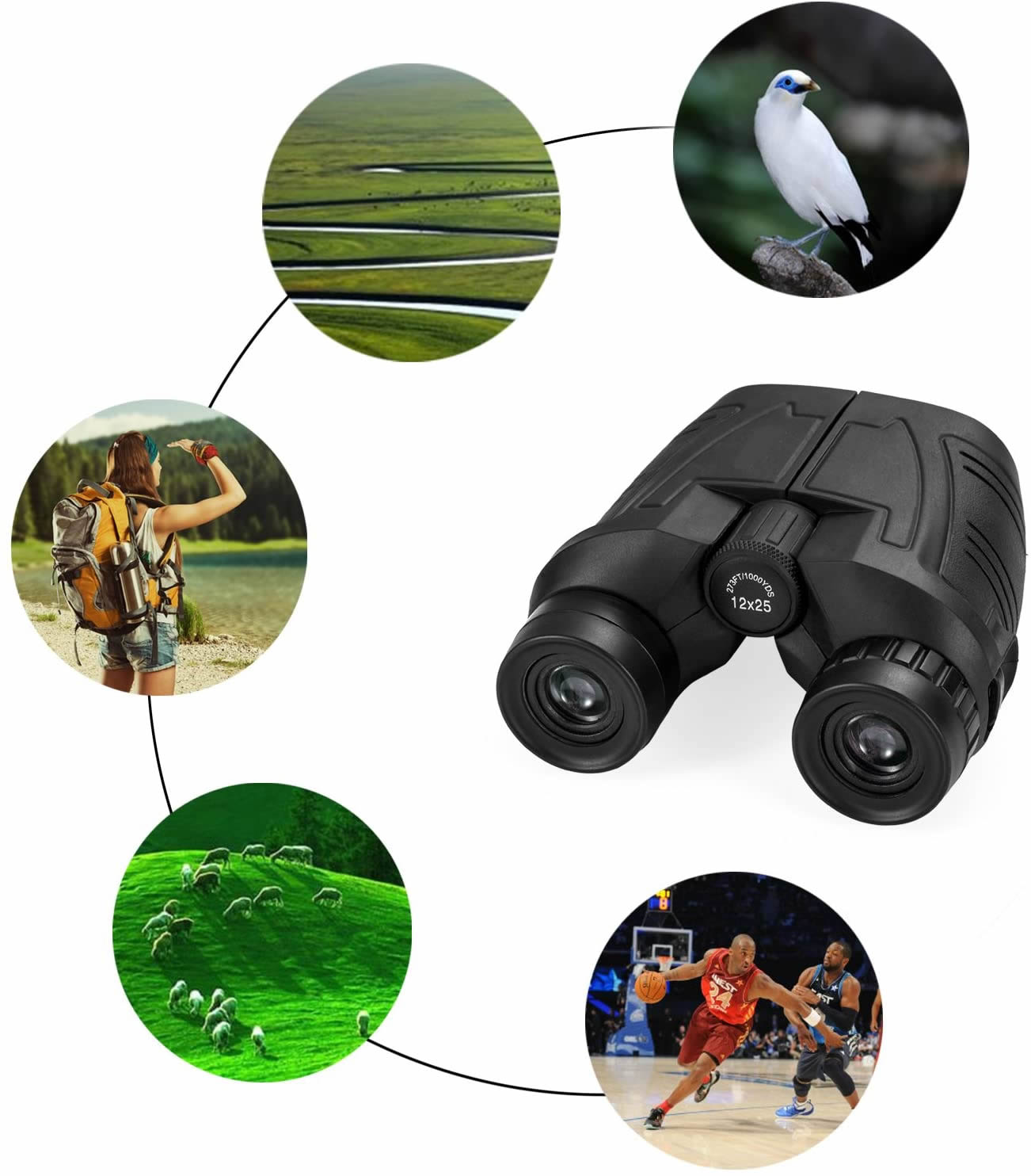 MEEZAA 12x25 Compact Binoculars with Clear Low Light Vision, Large Eyepiece Waterproof Binocular for Adults Kids,High Power Easy Focus Binoculars for Bird Watching,Outdoor Hunting,Travel,Sightseeing