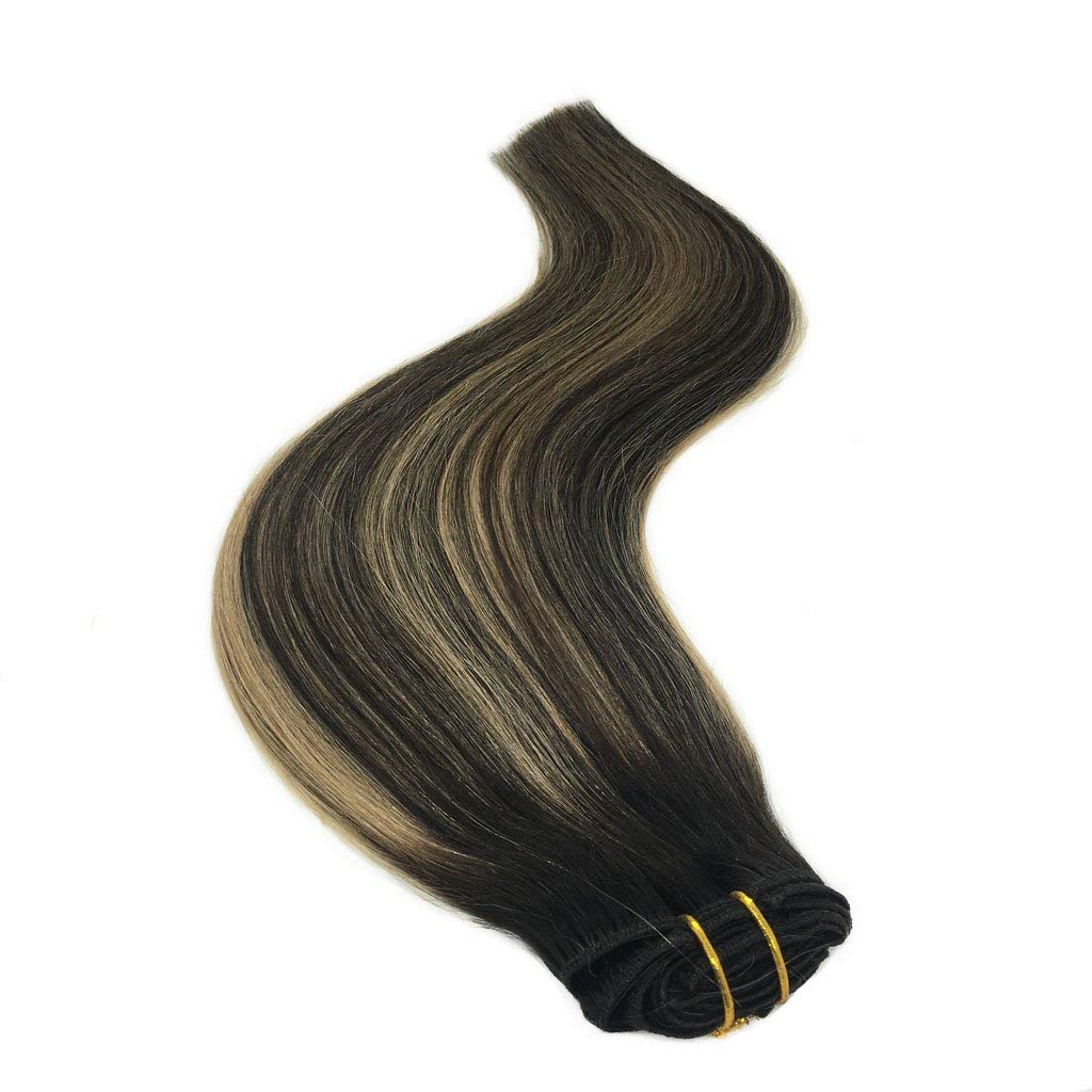 MEEZAA Remy Human Hair Extensions Clip in Balayage Natural Black to Light Blonde 14 inch 7pcs 120g Real Hair Extensions Clip in Natural Hair Extensions Silky Straight