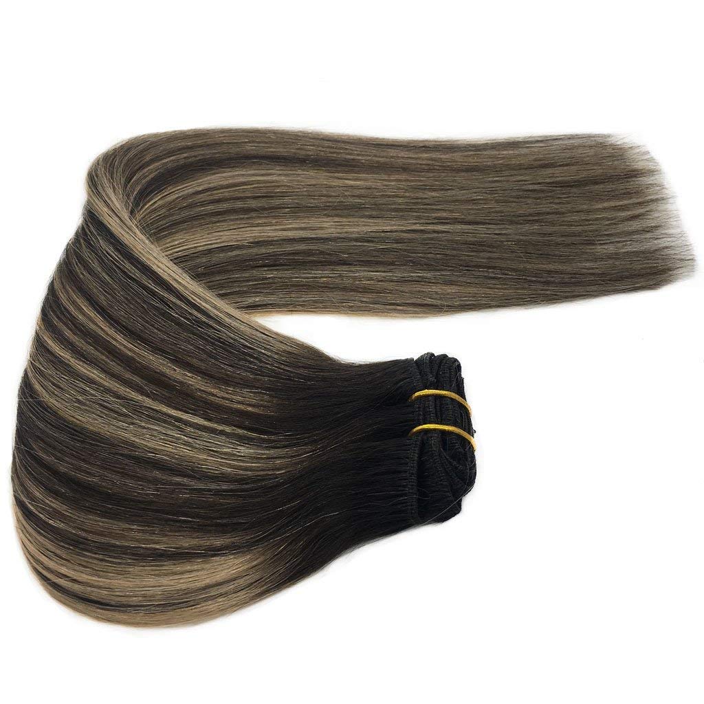 MEEZAA Remy Human Hair Extensions Clip in Balayage Natural Black to Light Blonde 14 inch 7pcs 120g Real Hair Extensions Clip in Natural Hair Extensions Silky Straight