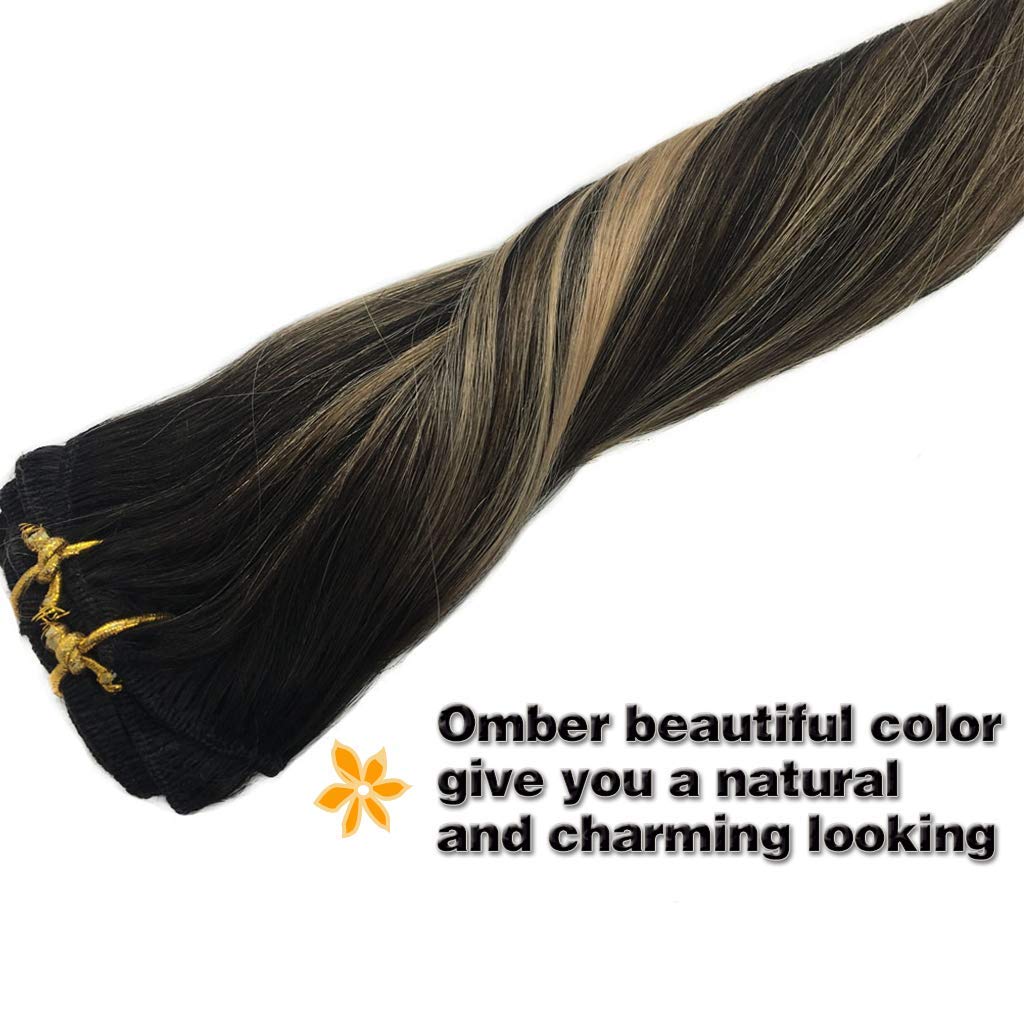 MEEZAA Remy Human Hair Extensions Clip in Balayage Natural Black to Light Blonde 14 inch 7pcs 120g Real Hair Extensions Clip in Natural Hair Extensions Silky Straight