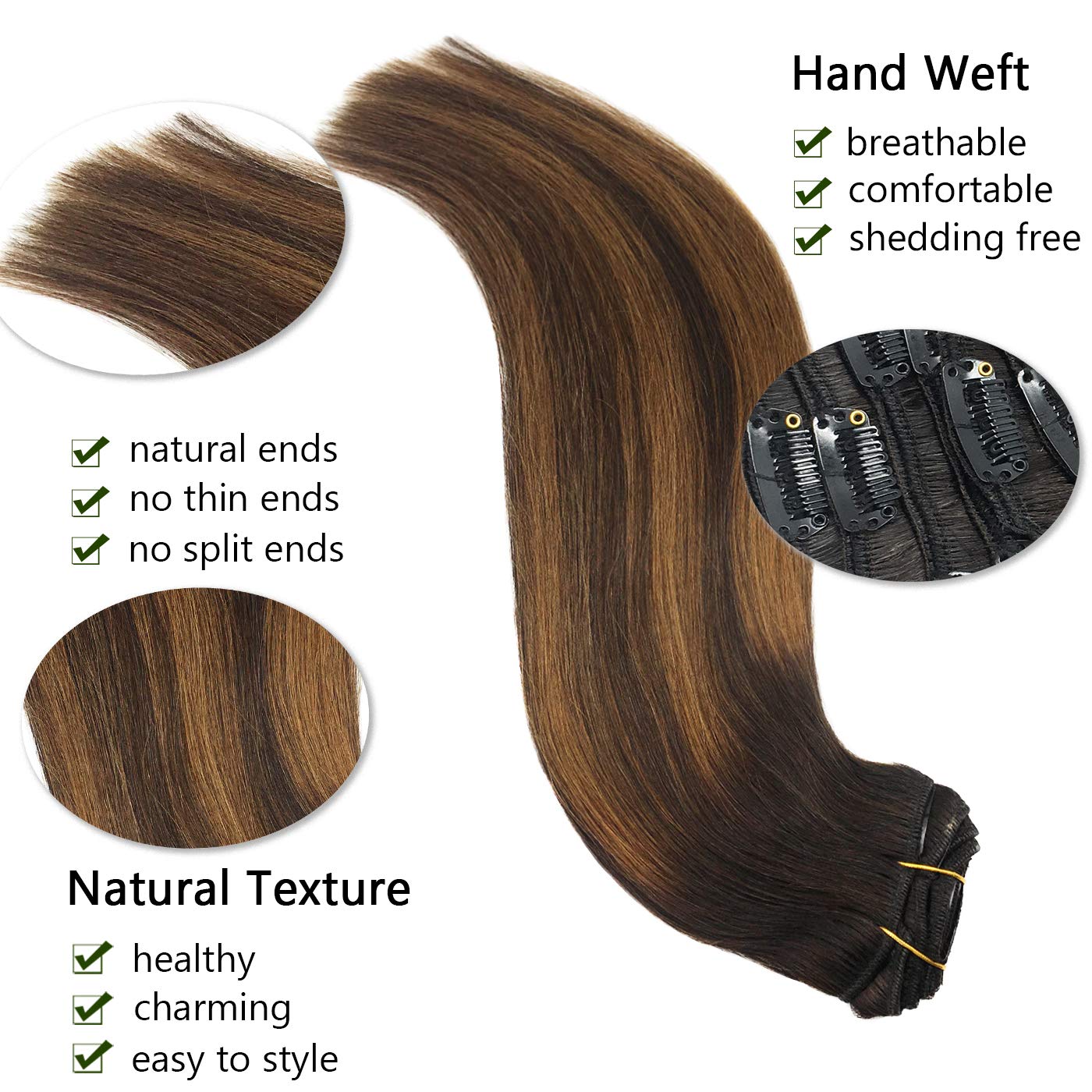 MEEZAA Remy Hair Extensions Clip in Human Hair Ombre Dark Brown to ...