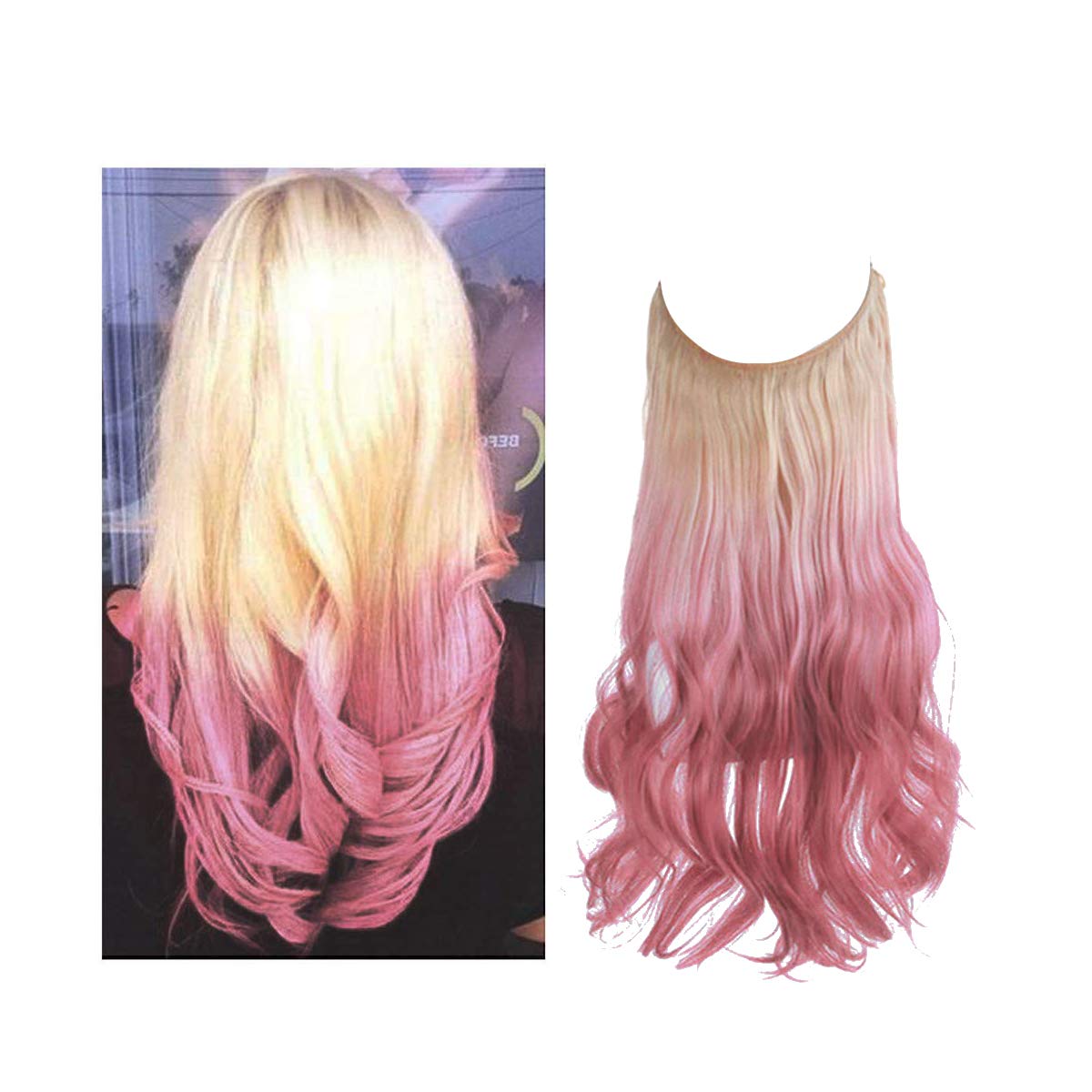 MEEZAA Ombre Halo Hair Extension Beach Blonde to Pink Curly Short Synthetic Hairpiece 12 Inch 3.5 Oz Hidden Wire Headband for Women Heat Resistant Fiber No Clip (M05&613Tpink) - Click Image to Close