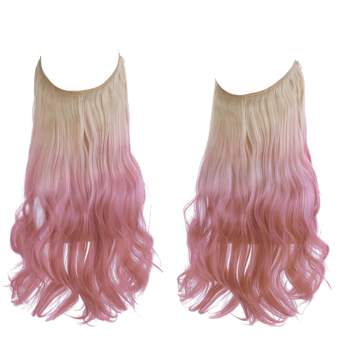 MEEZAA Ombre Halo Hair Extension Beach Blonde to Pink Curly Short Synthetic Hairpiece 12 Inch 3.5 Oz Hidden Wire Headband for Women Heat Resistant Fiber No Clip (M05&613Tpink)