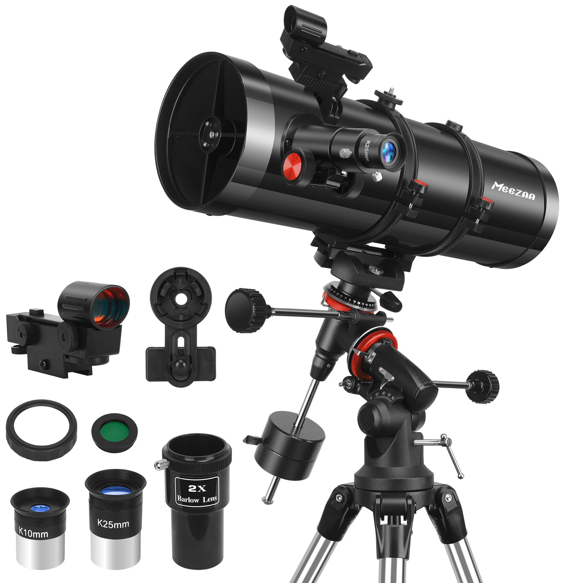 MEEZAA Telescope, 150EQ Reflector Telescope for Adults Astronomy Beginners, Manual Equatorial Professional Telescopes Astronomy with 2X Barlow Lens, Phone Adapter, Adjustable Tripod and Moon Filter - Click Image to Close