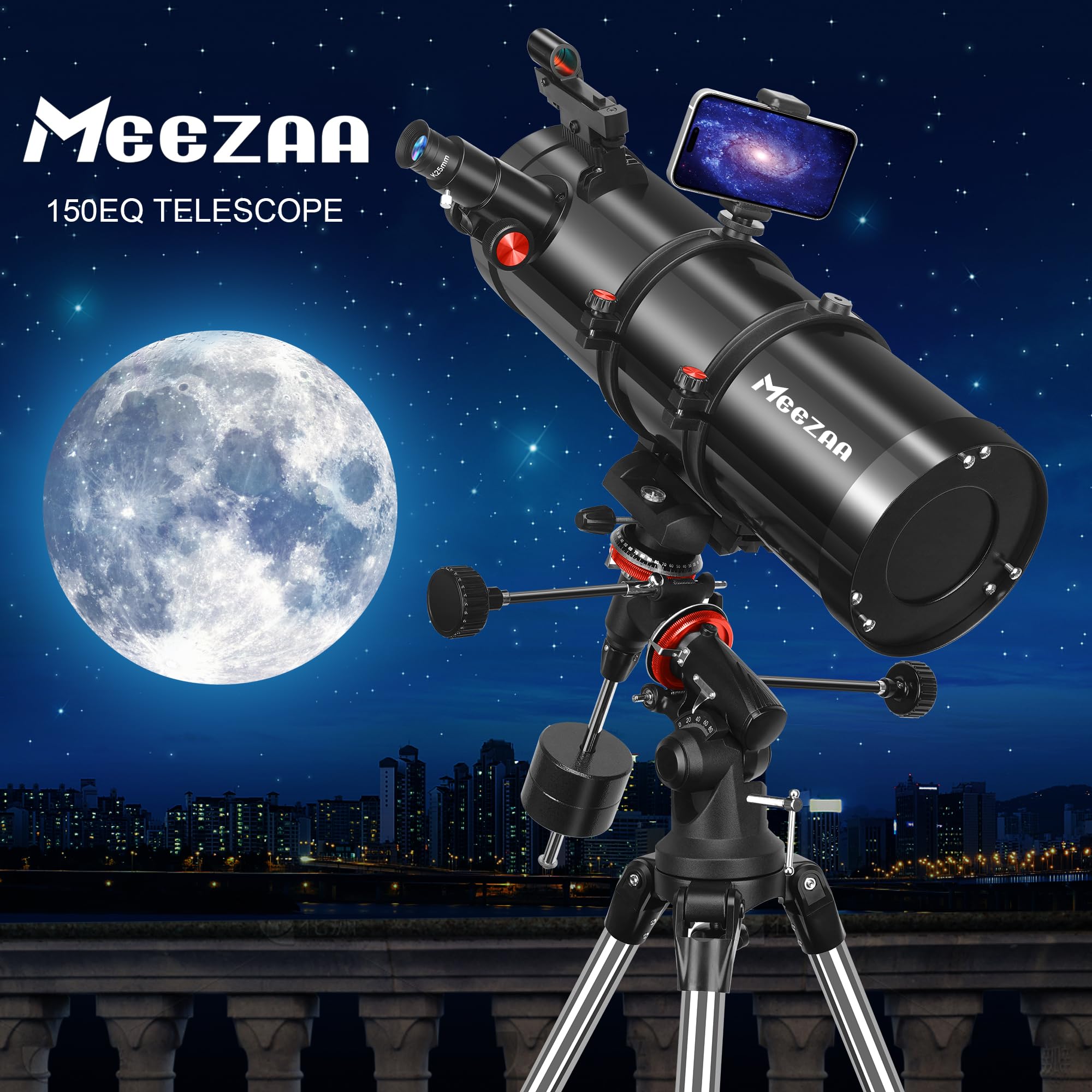 MEEZAA Telescope, 150EQ Reflector Telescope for Adults Astronomy Beginners, Manual Equatorial Professional Telescopes Astronomy with 2X Barlow Lens, Phone Adapter, Adjustable Tripod and Moon Filter