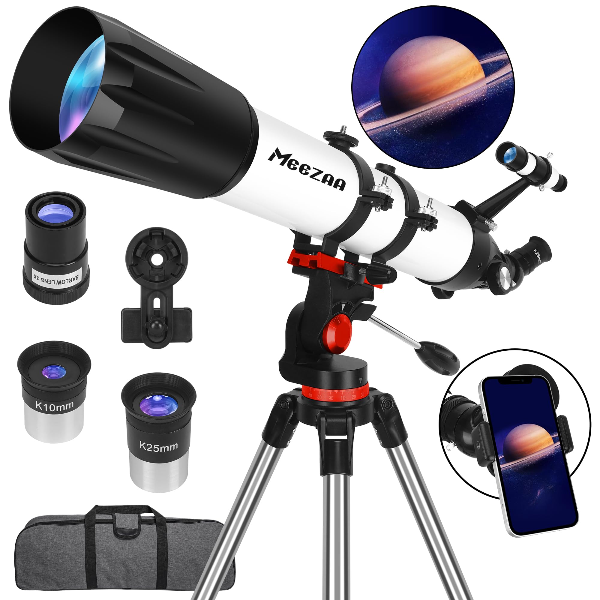 MEEZAA Telescope, Astronomy Telescope for Adults High Powered, 90mm Aperture 800mm Professional Refractor Telescopes for Kids & Beginners, Multi-Coated High Transmission with Phone Adapter Carry Bag - Click Image to Close